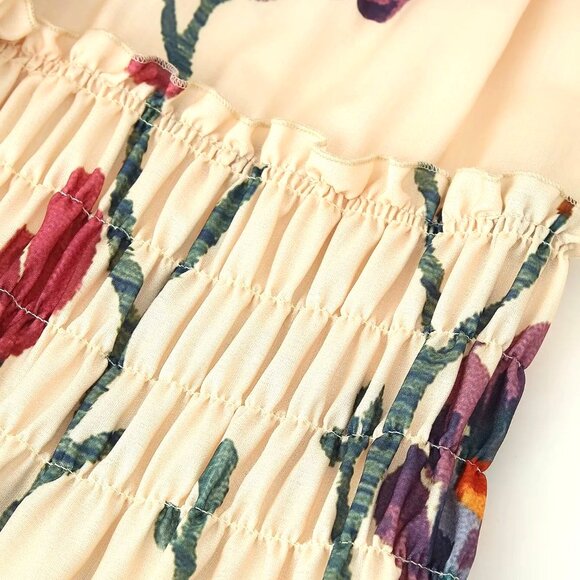 MIDI PRINTED PLEATED BOHEMIAN STYLE AUTUMN PRINT BROWNS SMOCKED TIERS DRESS - Picture 4 of 9